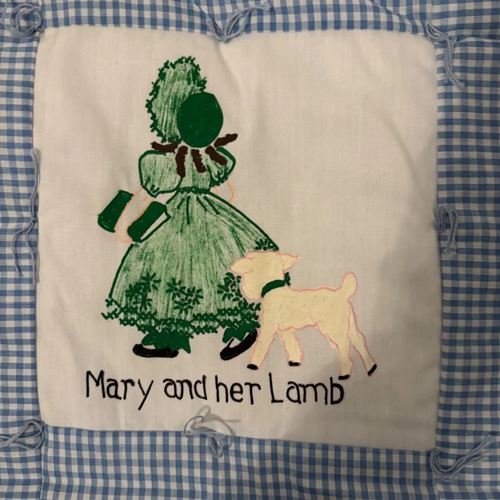 Vintage Nursery Rhyme Crib Quilt Hand Painted Gingham Blue White 12 Panel